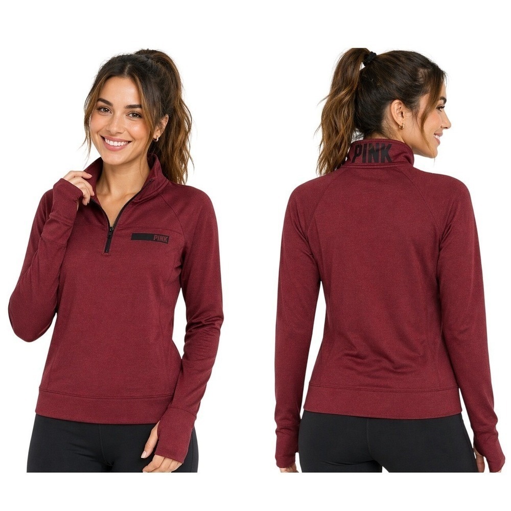 PINK Victoria's Secret Pullover Women Small Burgundy Quarter Zip Thumbhole Logo
